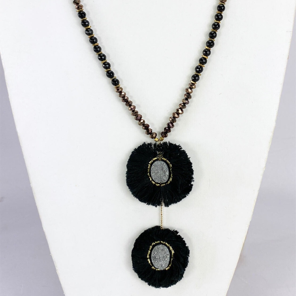 Panacea Double Fringed Circle Silver Drusy Stone Tassel Pendant Beaded Necklace 18$